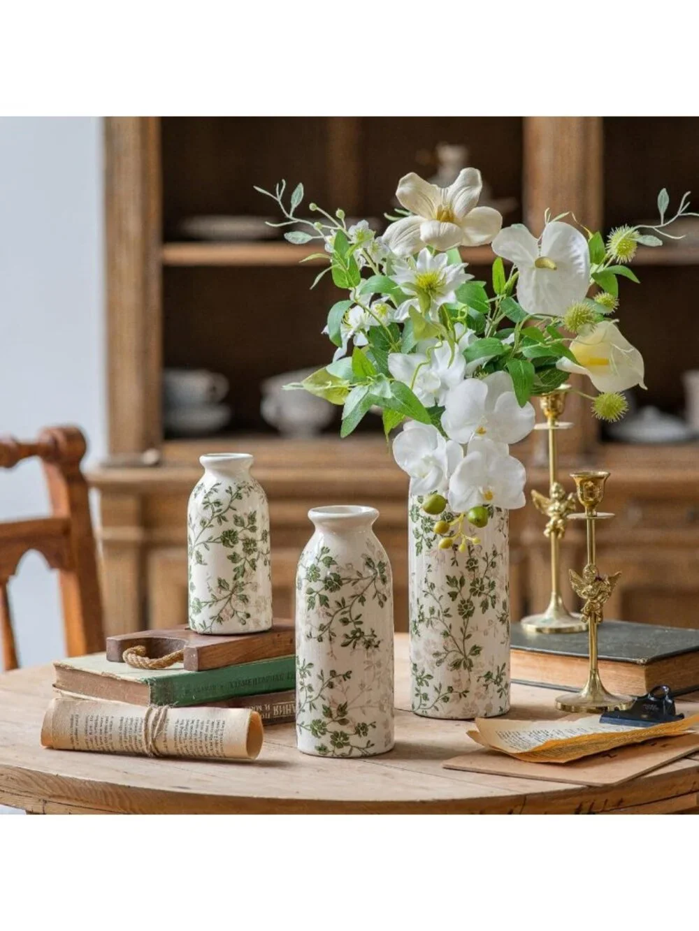 Charming Vintage Ceramic Vase Set of 3 - Rustic Chinoiserie Home Decor, Green